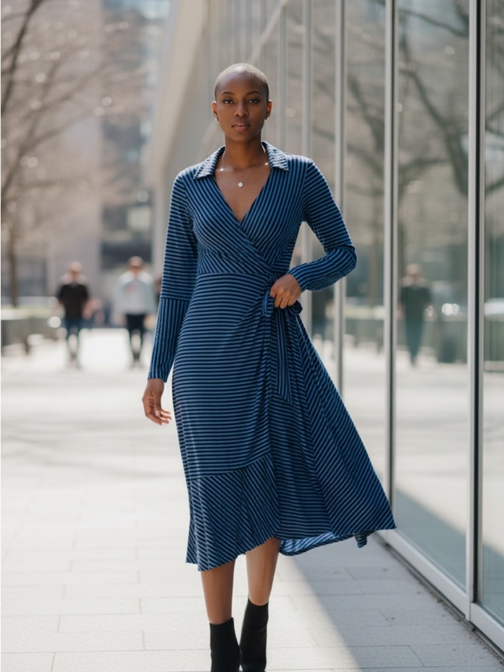 Elegant Navy Striped Wrap Midi Dress - Classic Women's Dress